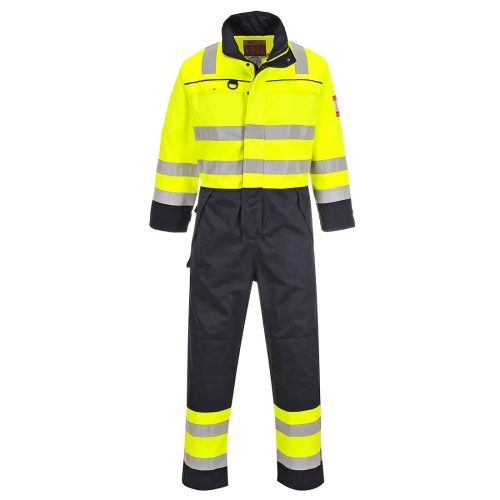 Portwest FR60 Hi Vis Multi Norm pamut lángálló antisztatikus jól láthatósági munkavédelmi overál - Sárga/Navy