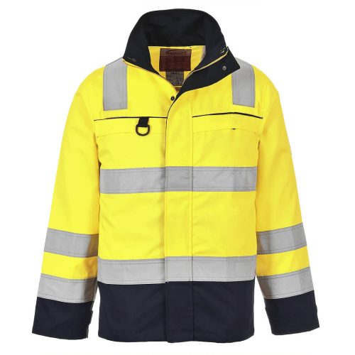 Portwest FR61 Hi-Vis Multi Norm pamut lángálló antisztatikus jól láthatósági munkavédelmi kabát - Sárga/ Navy