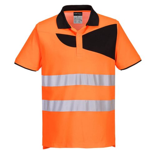 Portwest PW212 Hi-Vis rövid ujjú jól láthatósági munkavédelmi galléros pólóing - Narancs-Fekete