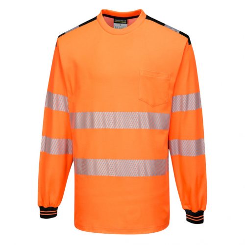 Portwest T185 Hi-Vis vasúti jól láthatósági munkavédelmi hosszú ujjú póló - Narancs/Fekete