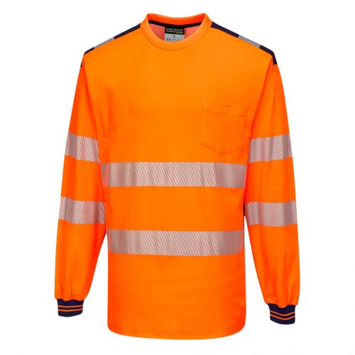 Portwest T185 Hi-Vis vasúti jól láthatósági munkavédelmi hosszú ujjú póló - Narancs/Navy