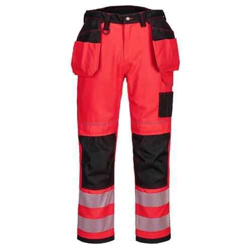 Portwest T501 Hi-Vis Holster Texpel bevonatú jól láthatósági lengőzsebes munkásnadrág - Piros/Fekete