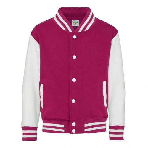 Just Hoods AWJH043J Varsity gyerek pamut patentos pulóver - Hot Pink/White