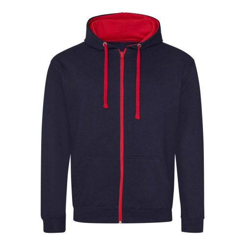 Just Hoods AWJH053 Varsity pamut cipzáros kapucnis pulóver - New French Navy/Fire Red