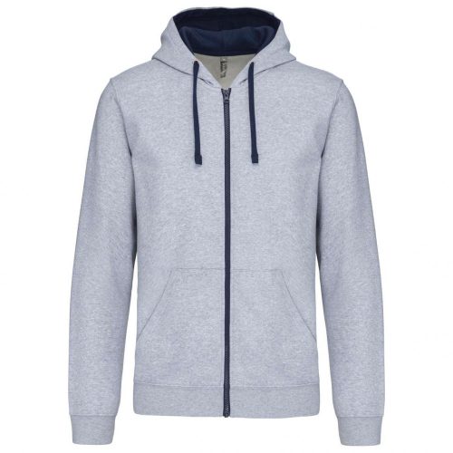 Kariban KA466 Contrast férfi pamut cipzáros kapucnis pulóver -  Oxford Grey/Navy