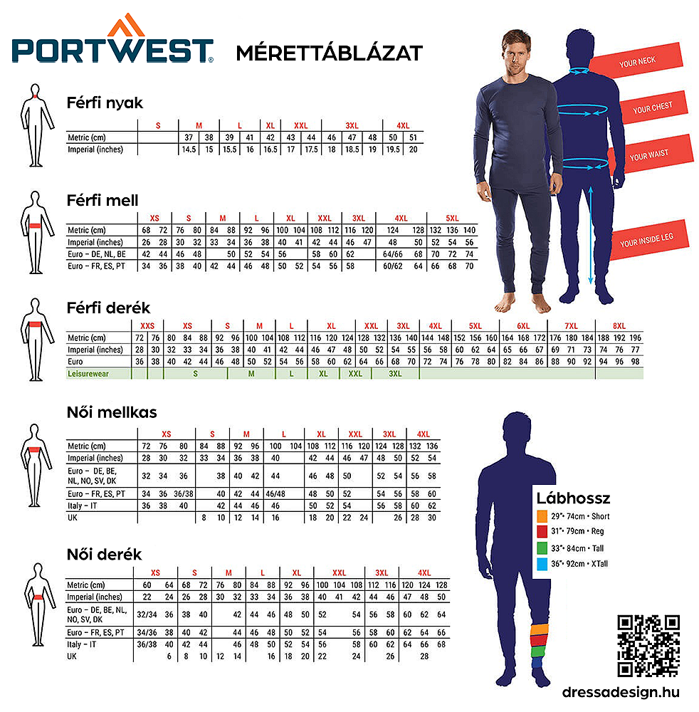 Portwest mérettáblázat